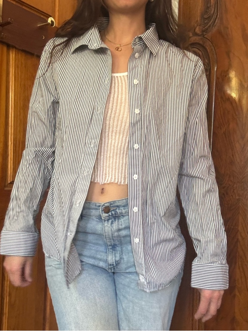 Babaton 100% cotton blue and white button up shirt